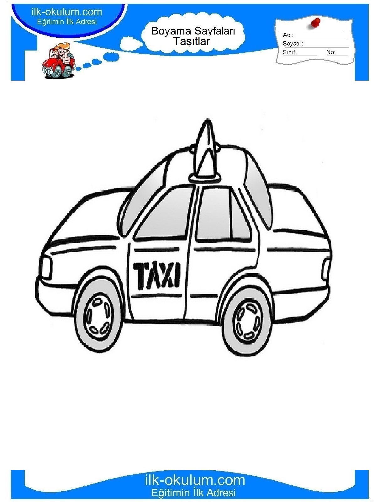 Çocuklar İçin Taksi Boyama Sayfaları 